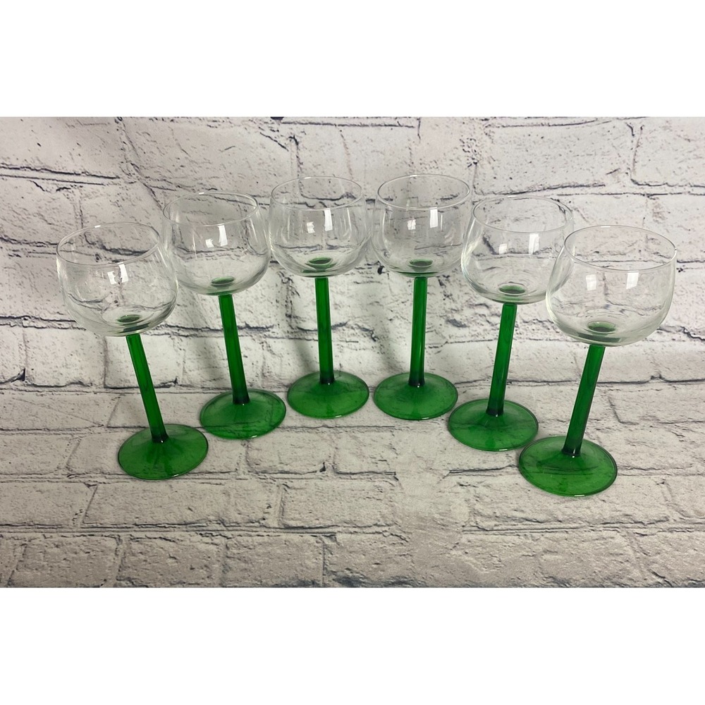 Vintage Set of 6 Luminarc Emerald Wine Glasses Green Green Stem France 6.5"